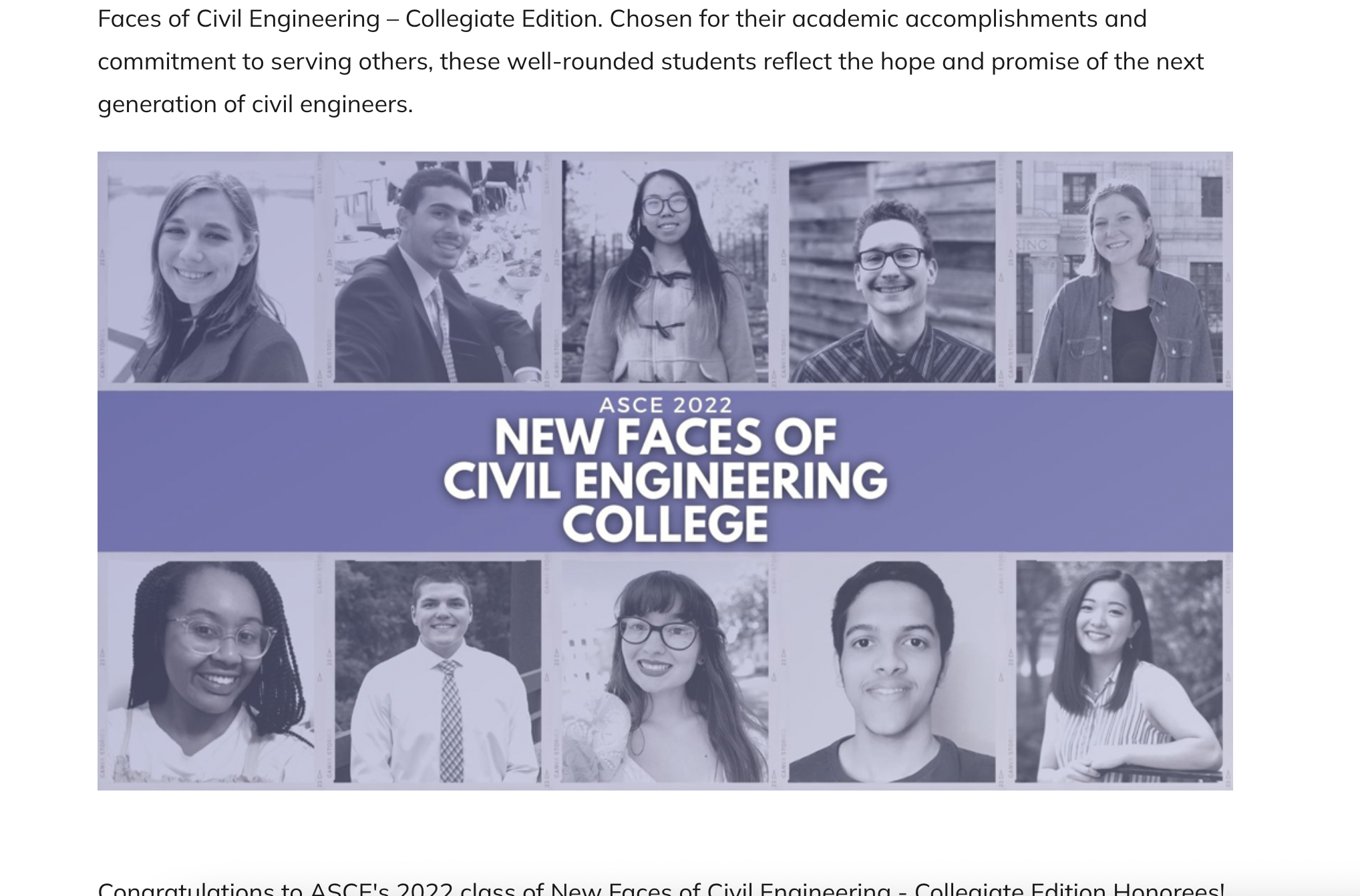 Screenshot of webpage; text reads "ASCE 2022 New Faces of Civil Engineering College" with a collage of 10 student headshots above and below