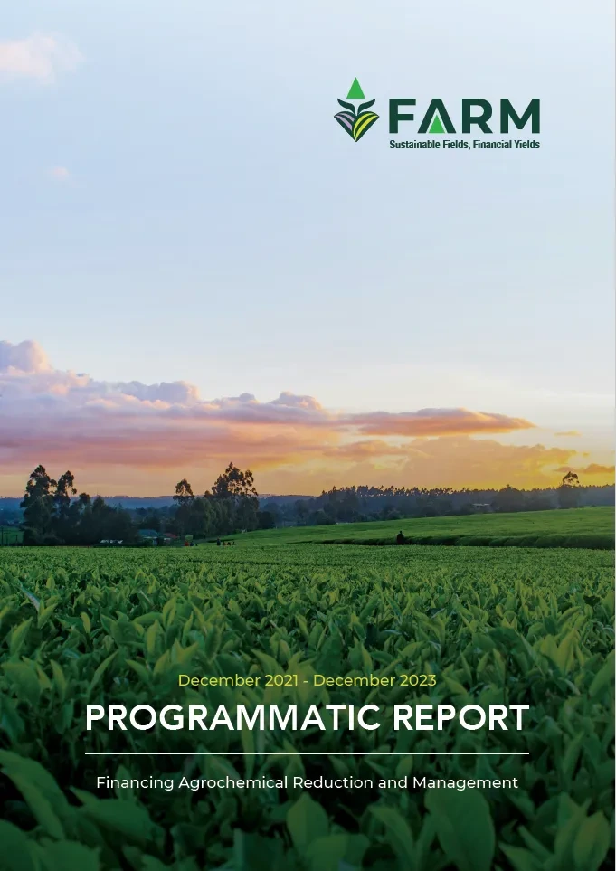 Vertical image of an agricultural field at sunrise with FARM logo and Programmatic Report December 2021-December 2023