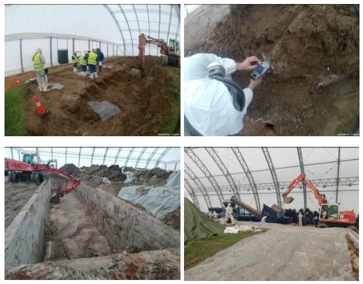 Picture 1: Excavation in layers (upper left), testing with XRF analyzer (upper right); excavation of the basin 1 (lower left) and loading the HCH waste in the filling station (lower right)